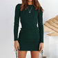 Drawstring Knitted Mid-waist Long Sleeve Dress