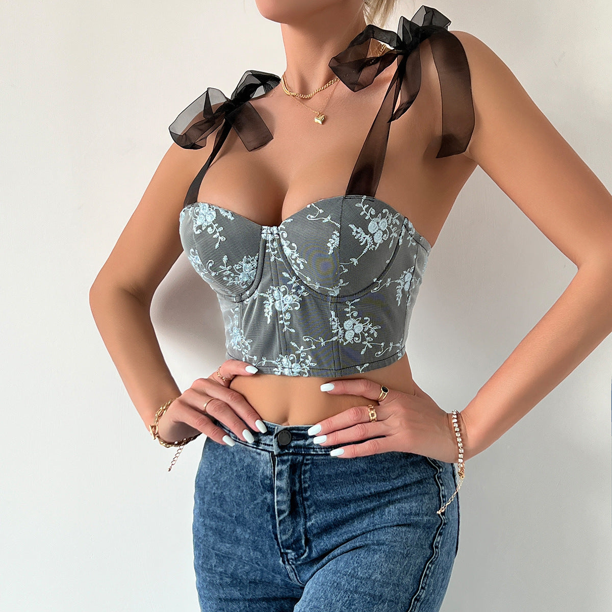 Women's Fashion Lace-up Sling Steel Ring Fishbone Chest Vest