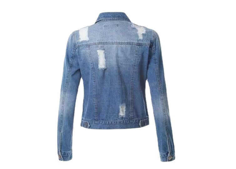 Women's Fashionable Temperament Slim-fit Buttoned Ripped Denim Jacket