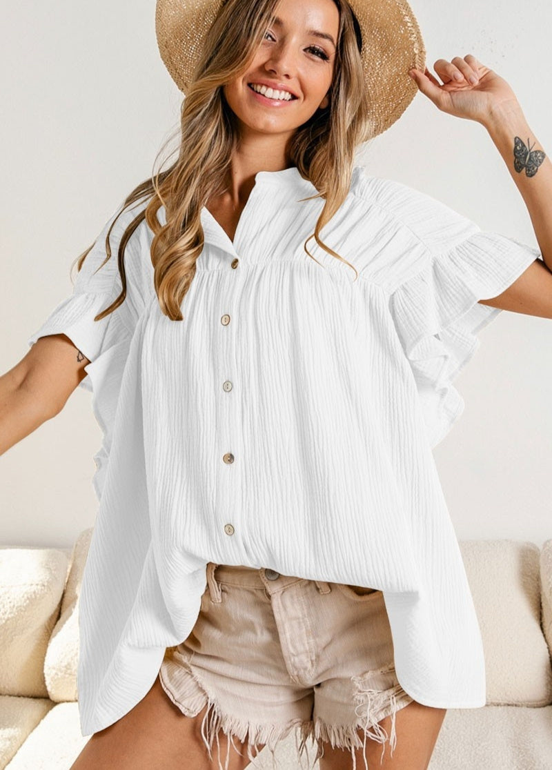 Women's Fashion Stand Collar Ruffled Sleeve Peplum Top