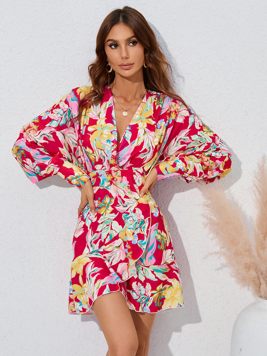 Women's Fashionable Simple Flower Printed Waist-controlled Long Sleeve Dress
