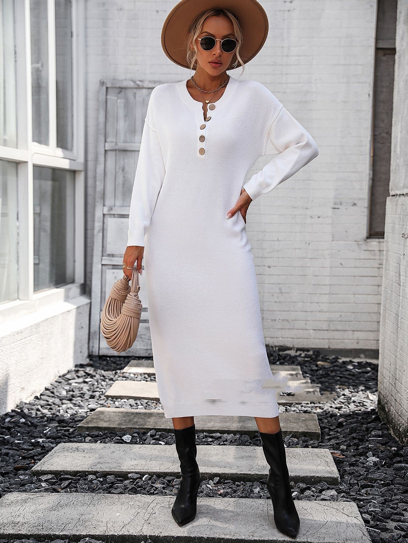 Robe en tricot à boutons européenne et américaine