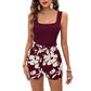 Ribbed Vest Floral Print Shorts Casual Suit