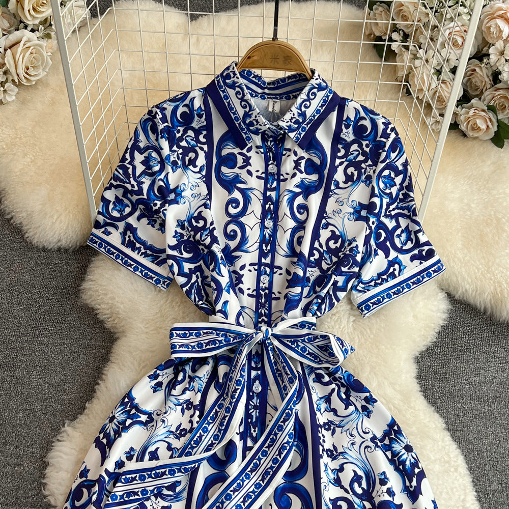 Waist Slimming Single-breasted Celadon Printing A-word Shirt Dress