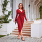 Solid Color V-neck Waist-controlled Slimming Split Long Sleeve Dress