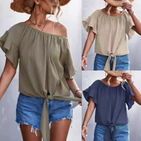 Ruffled Lace-up Round Neck Two-way Top