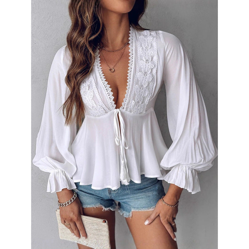 Bow Lace V-neck Long Sleeve Top