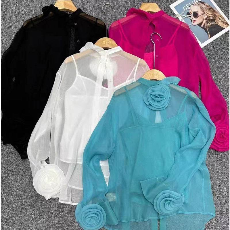 Three-dimensional Plate Flower Stand Collar Long Sleeve Slightly See-through Thin Two-piece Shirt