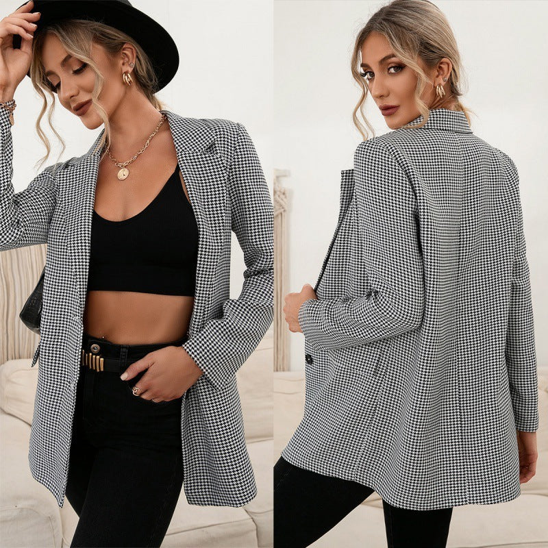 European And American Single Breasted Houndstooth Plaid Casual Suit Top