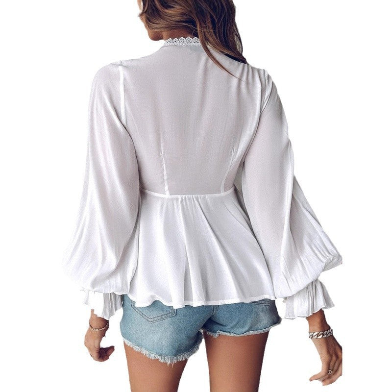 Bow Lace V-neck Long Sleeve Top