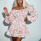 Off-neck Puff Sleeve Pleated Tube Top Printed Waist-controlled Dress