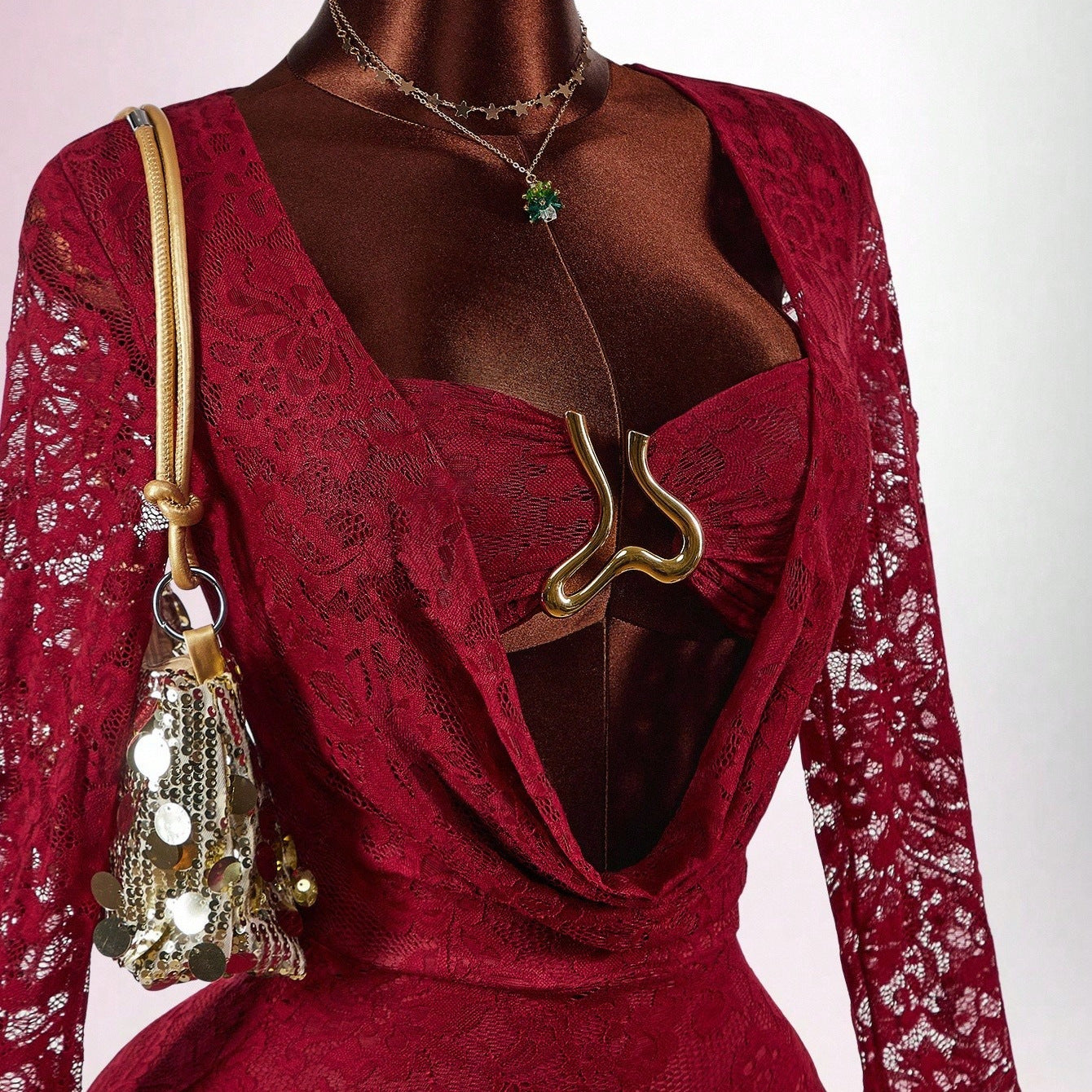 Lace Sheer Patchwork Metal-Trimmed Bodycon Mini Dress