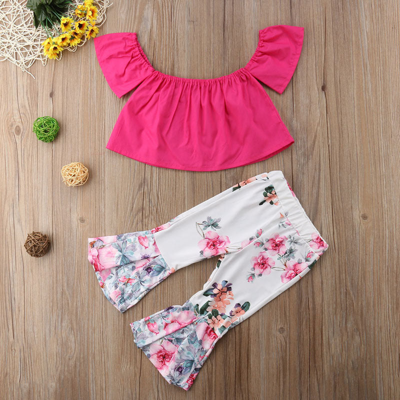 Ensemble 2 pièces chemisier asymétrique à manches volantées et pantalon fleuri pour fille