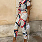 Women's Clothing Lapel Print Cargo Overalls