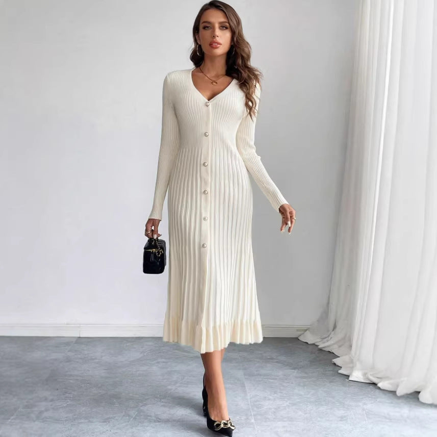 Women's Waist-Cinching Vintage Button Knit Dress