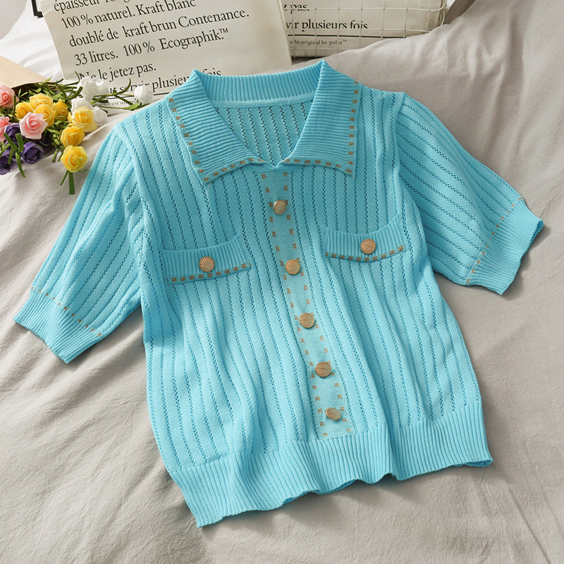Hong Kong Style Polo Collar Single-breasted Golden Dot Slim Top Women