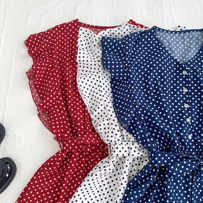 Versatile V Neck Polka Dot Flying Sleeves Lace Up Jumpsuit Wide Leg Pants Shorts