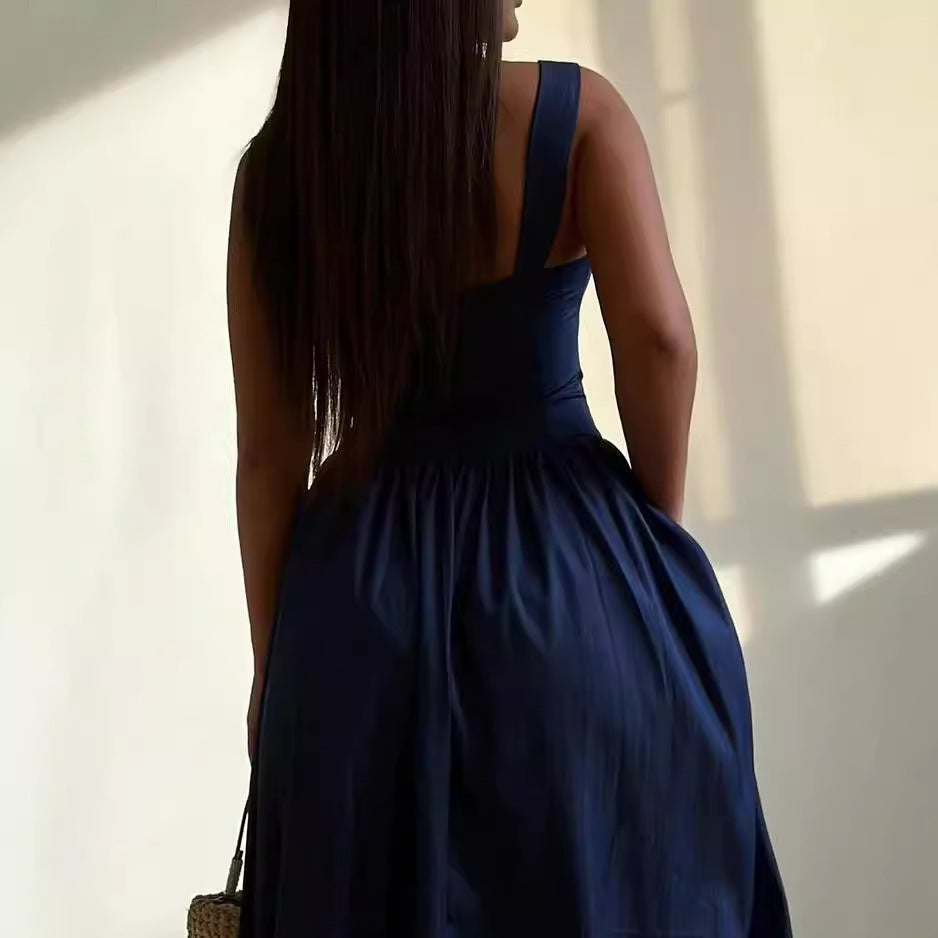 New Women's Fashion Casual Sleeveless Solid Color Waist Tight Dress