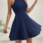 Womens Solid-Colored Halter Neck High-Waist Sleeveless Dress