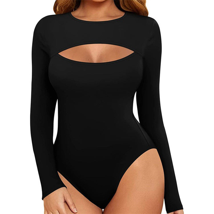 Womens Hollow-out Long-sleeve Top With A Chest-enhancing Design And Matching Jumpsuit
