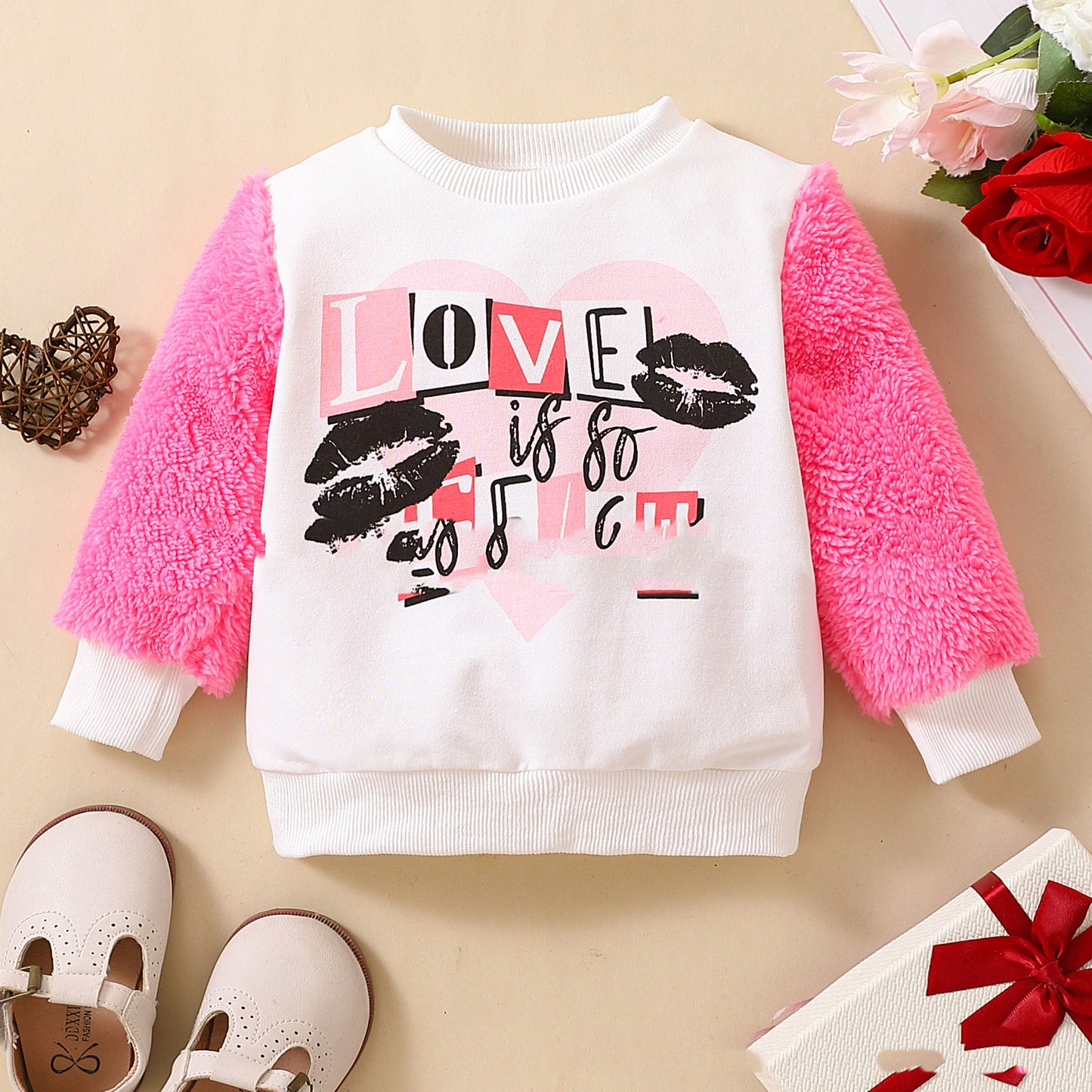 T-shirt bébé fille blanc imprimé lettres anglaises en coton à manches longues et fourrure