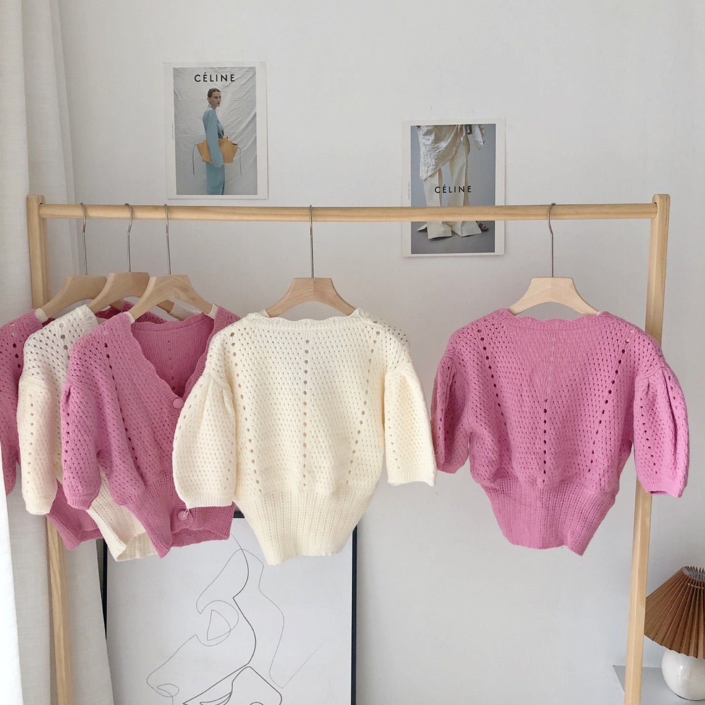 Short Puff Sleeve Hollow Knit Top