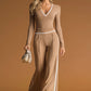 Stylish And Casual White-trimmed Brown V-neck Knit Top And Pants Set