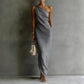 Elegant Satin Off-shoulder Draping Slim-fit Maxi Dress