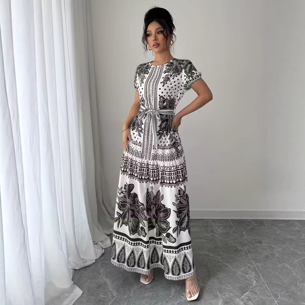 Womens Printed Elegant Simple Lace-up Round-neck Dress