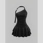 One-Shoulder Halterneck Slimming Waist-Cinching Pleated Skirt Pure And Alluring Versatile Off-Shoulder Dress