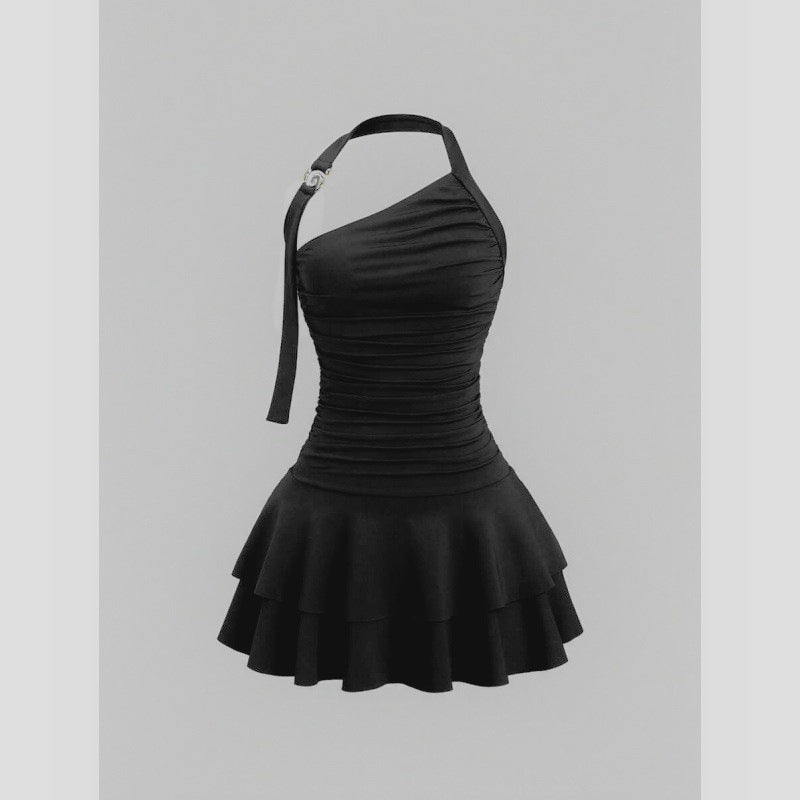One-Shoulder Halterneck Slimming Waist-Cinching Pleated Skirt Pure And Alluring Versatile Off-Shoulder Dress