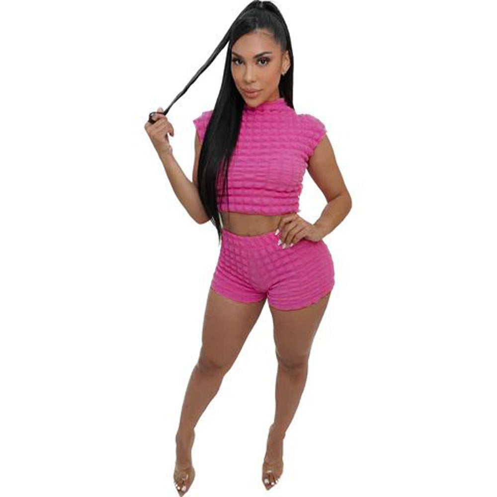 Women's Clothing Sleeveless Midriff-baring Shorts Popcorn Bubble Two-piece Set