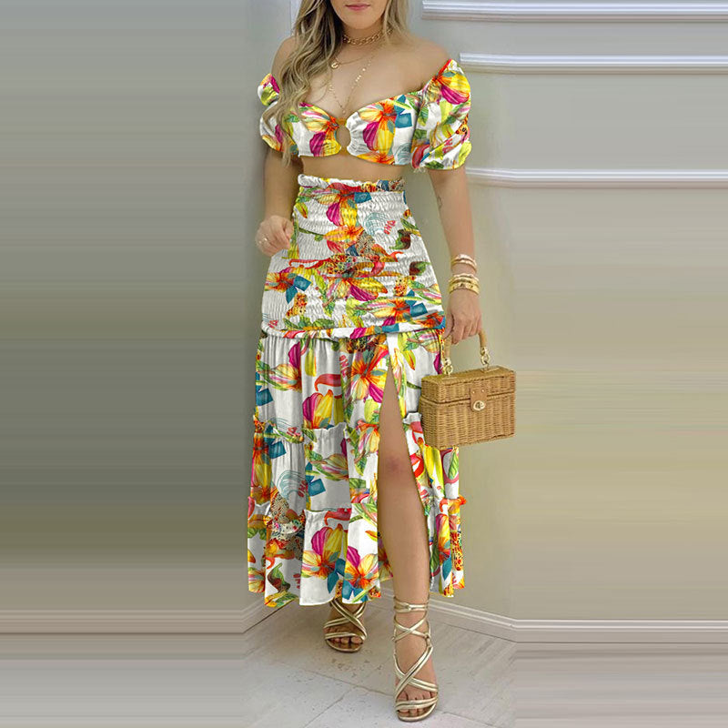 Women's Fashion Printed Split Skirt Two Piece Set