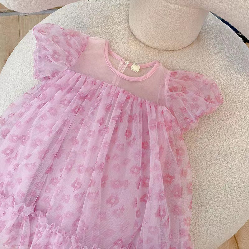 Robe de fée à manches courtes en maille fleurie de style occidental