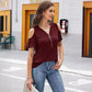 Solid Color Zipper Pleated Loose Casual Fashion V-neck Top For Women