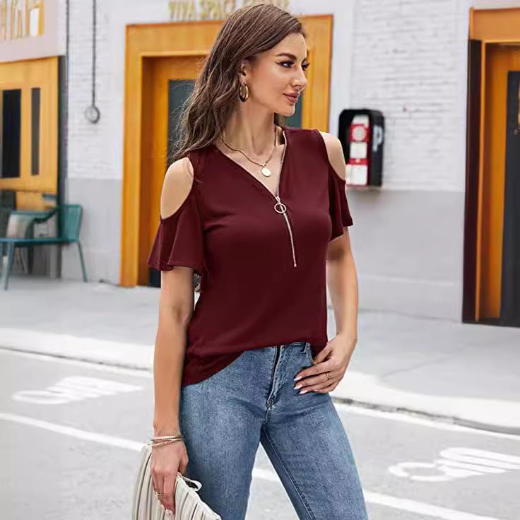 Solid Color Zipper Pleated Loose Casual Fashion V-neck Top For Women