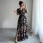 Advanced Minimalist Style Deep V Printed Slit Long Dress Women's Short Sleeve