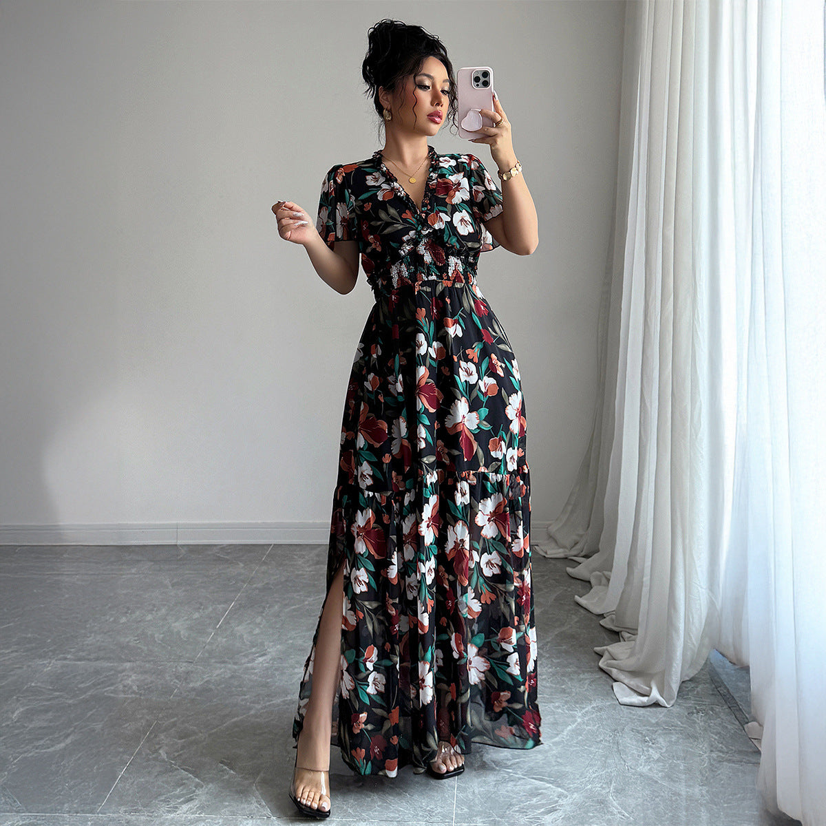 Advanced Minimalist Style Deep V Printed Slit Long Dress Women's Short Sleeve
