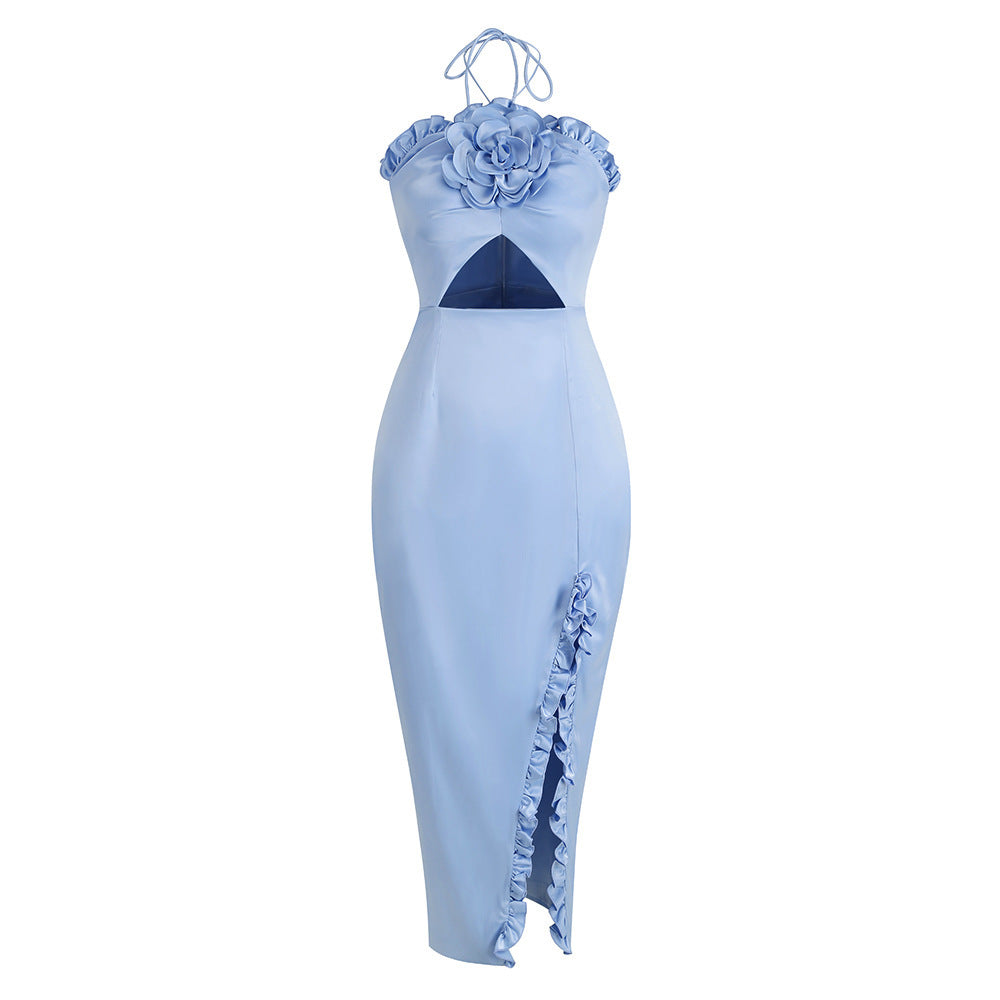 Robe de soirée fendue à lacets et dos nu, motif floral, ornement féminin
