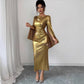 American-style Gold Foil Round Neck Slim-fit Long Dress