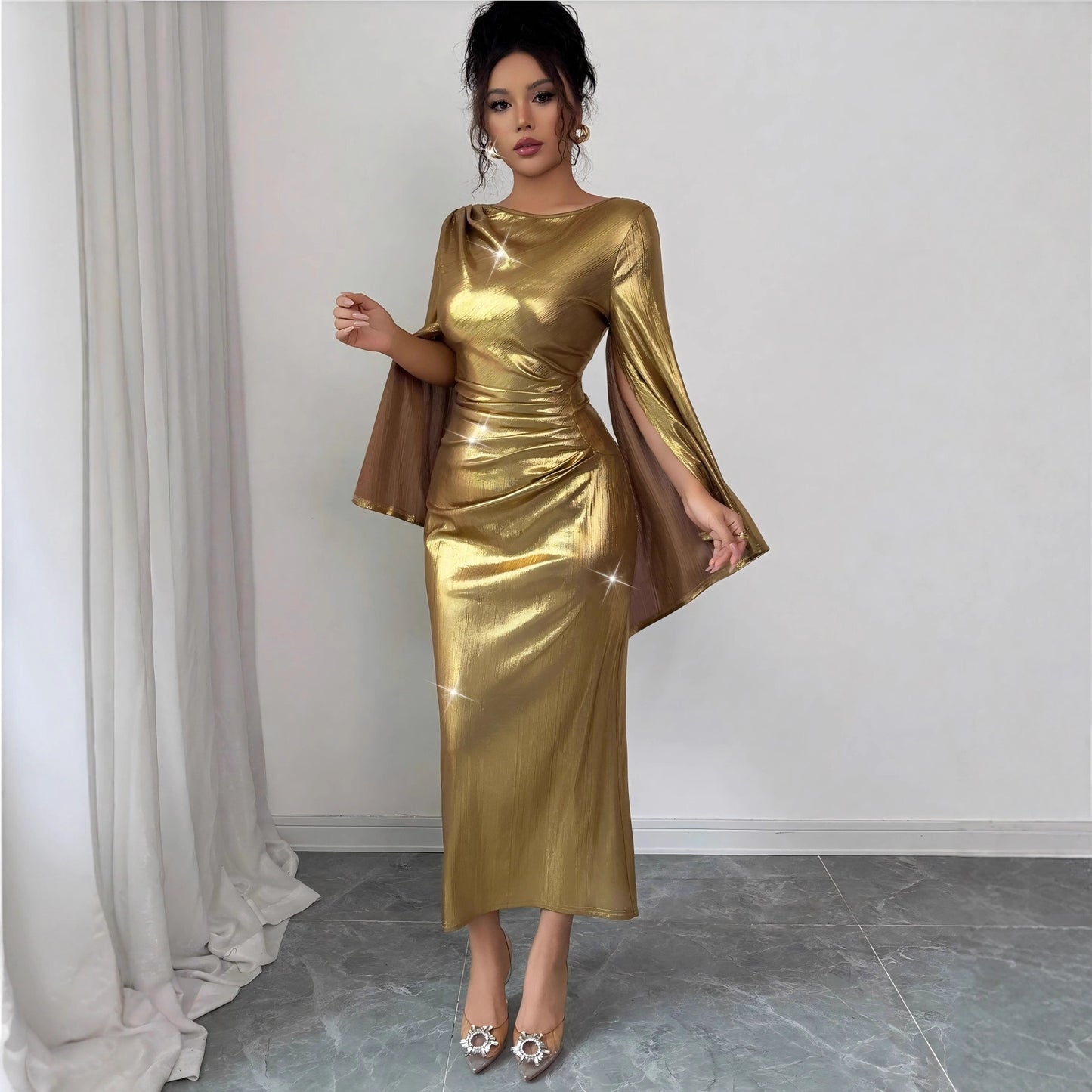 American-style Gold Foil Round Neck Slim-fit Long Dress