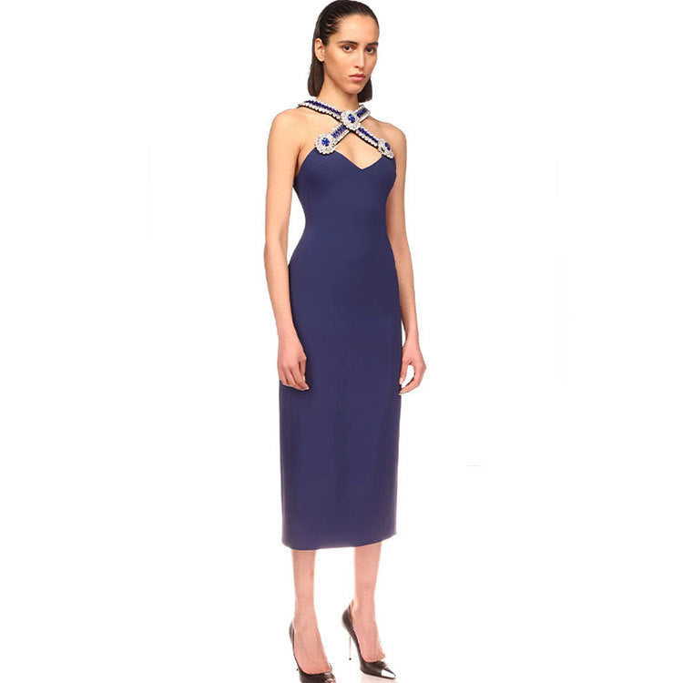 Nouvelle robe sexy sans manches à col en V et diamants