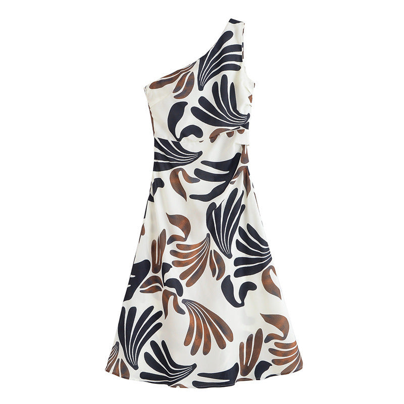 Irregular Oblique Shoulder Leaf Print Sleeveless Dress