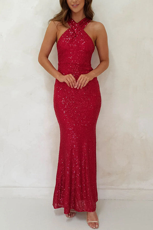 Fashionable Multicolor Halter Sleeveless Sequins Sequin Dress