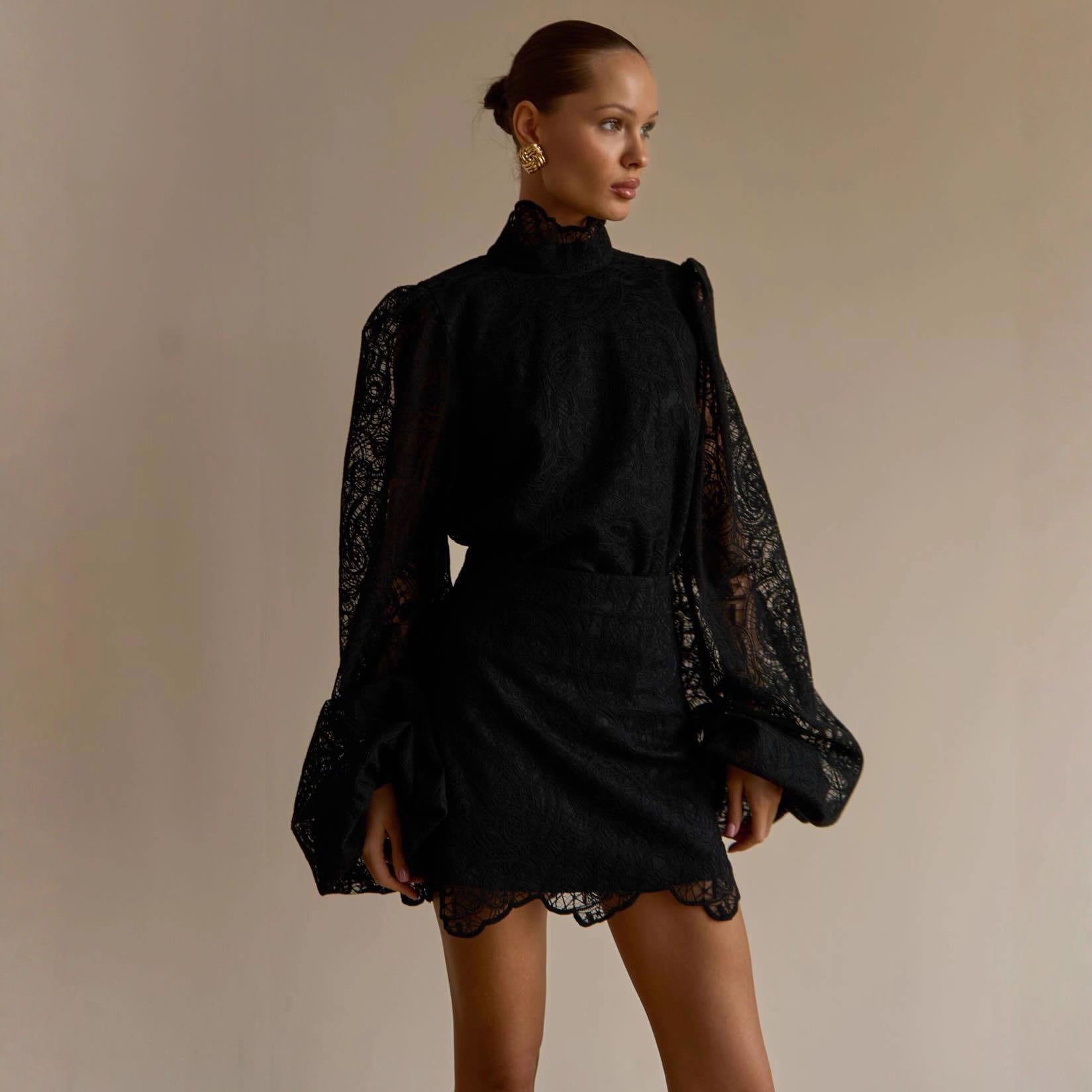 Womens Fashion Two-Piece Set Lantern-Sleeve Turtleneck Lace Top And Bottom