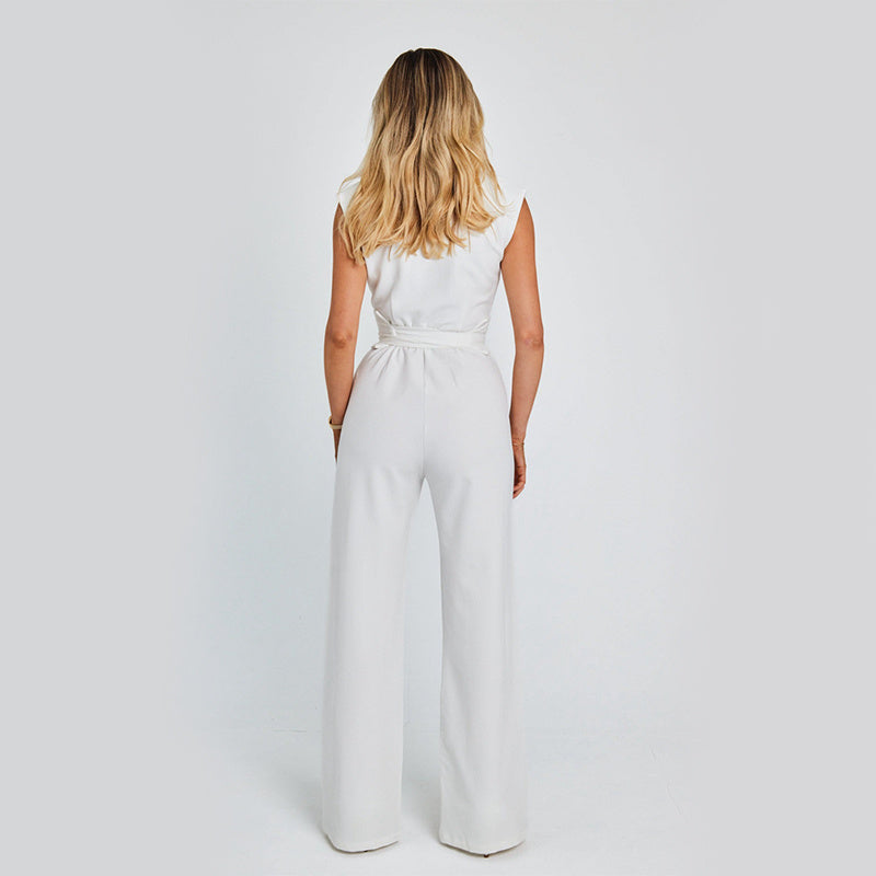 Combinaison longue élégante sans manches, col en V, décontractée, jambes larges, vêtements d'été pour femmes