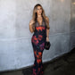 V Lace Stitching Printing Suspender Dress Girl Slim Fit Dress Women