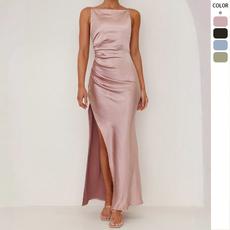 Solid Color Backless Slit Mid-length Sleeveless Sling Dress