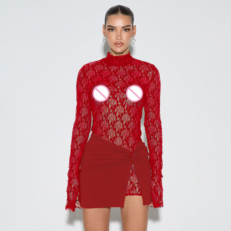 Lace See-through Long Sleeve Narrow Two-piece Set