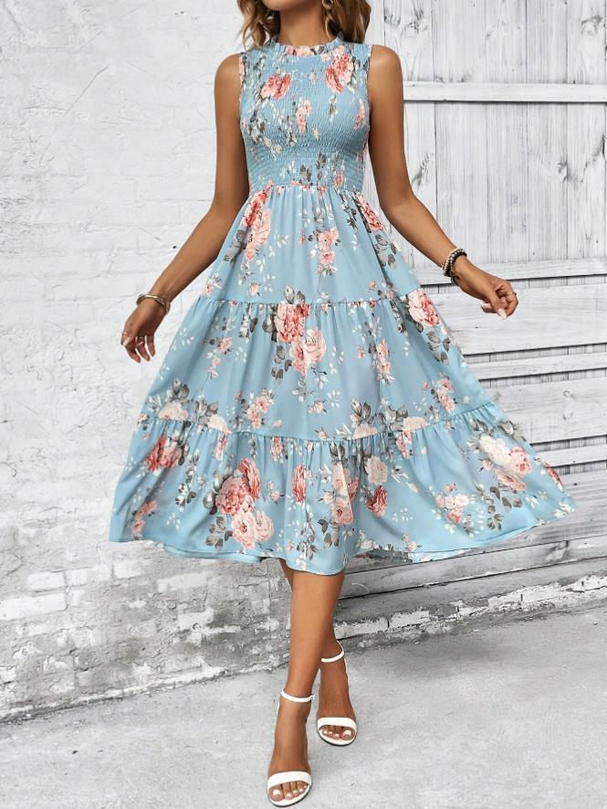 Sleeveless Round Neck Smocking Dress High Waist Slimming Design